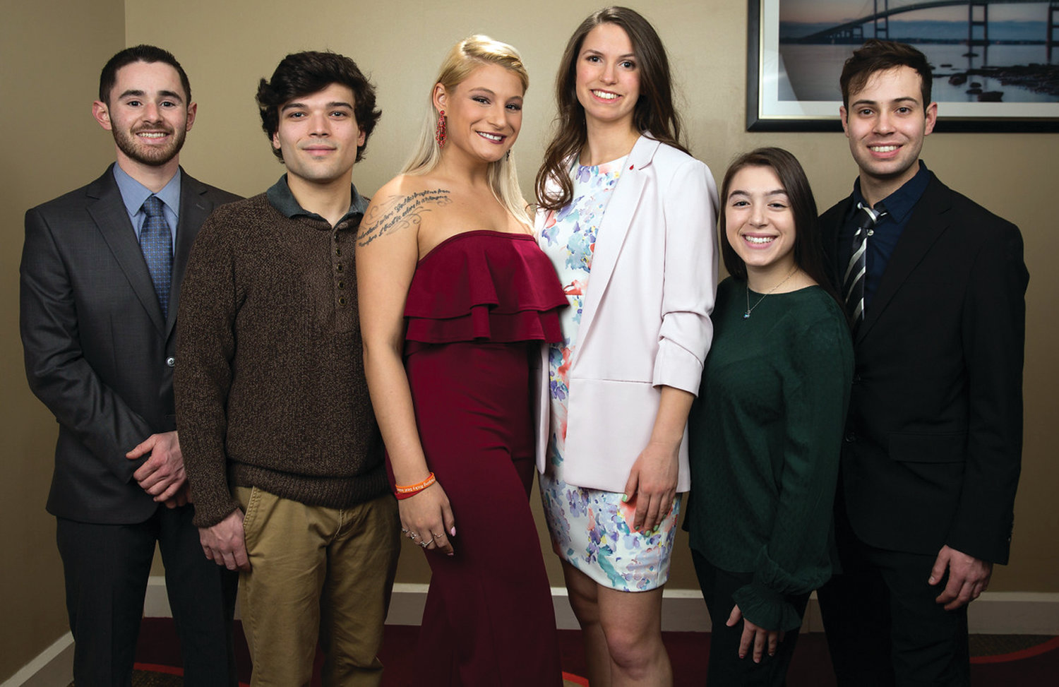 TERRIFIC TEAM: Stephanie Lemoi, fourth from left, is one seven women hoping to be named the Leukemia & Lymphoma Society Rhode Island chapter’s 2019 Woman of the Year. She is joined by members of her team – Mathew Glass, Joseph Pezzullo, Allegra Graziano, Ashley Zannini and Daniel Proia. They will host a Funny4Funds comedy night benefit tomorrow at the Smithfield Elks starting at 7 p.m.